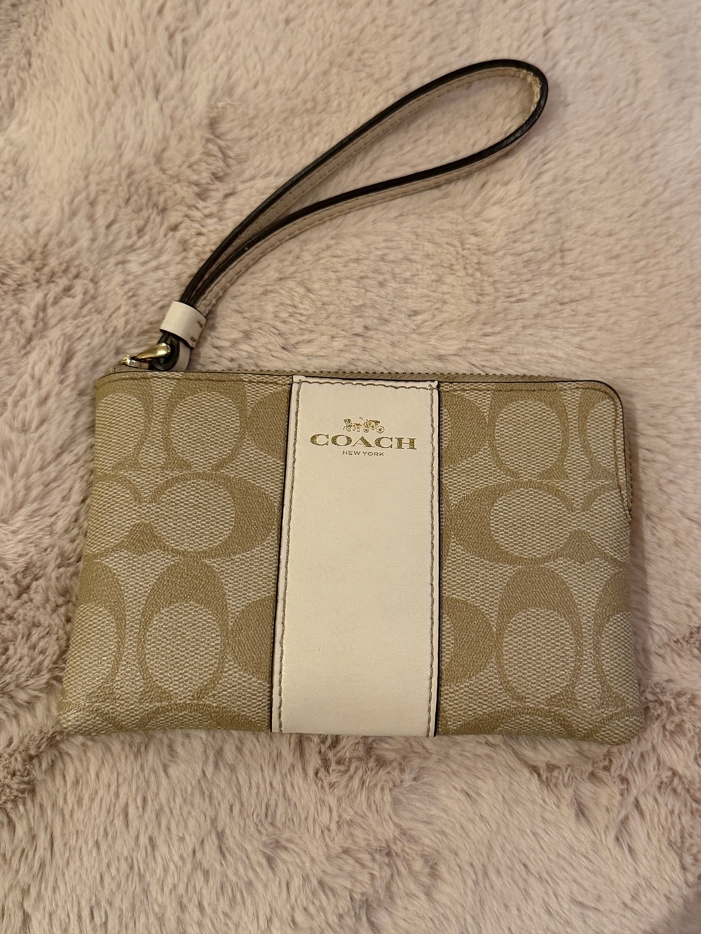 Coach Tan Signature Canvas Wristlet with Cream Center Stripe